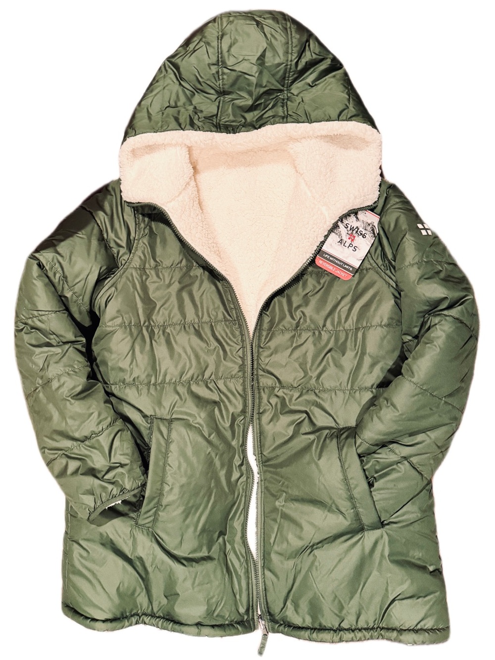 NWT Swiss Alps Reversible Puffer Jacket Sherpa Fleece Hooded Size L Olive Green